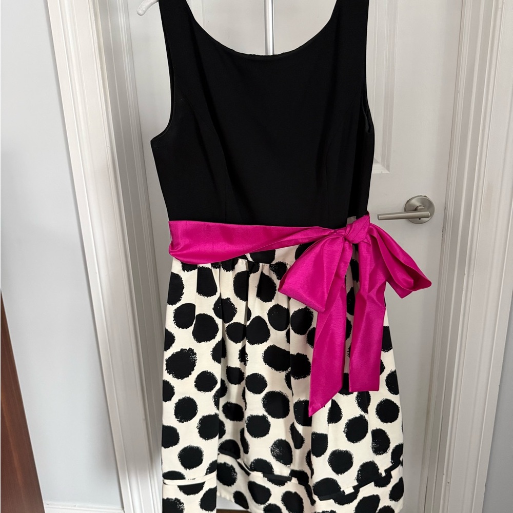 Eliza J Black and White Polka Dot Dress with Fuchsia Sash